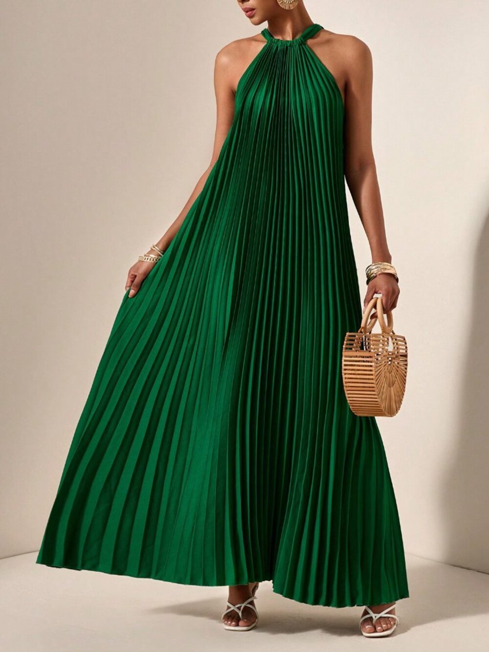 Green Casual Women's Halterneck Sleeveless Pleated A-Hem Loose Dress - Picture 5 of 7